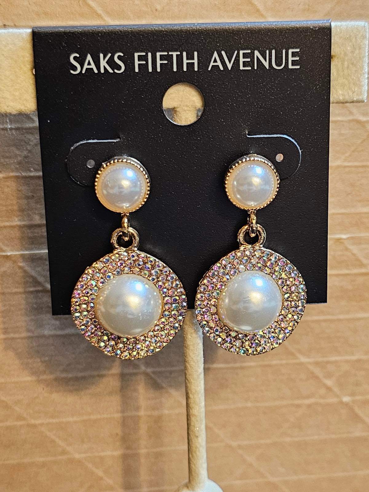 Elegant Saks Fifth Avenue Pearl and Rhinestone Earrings