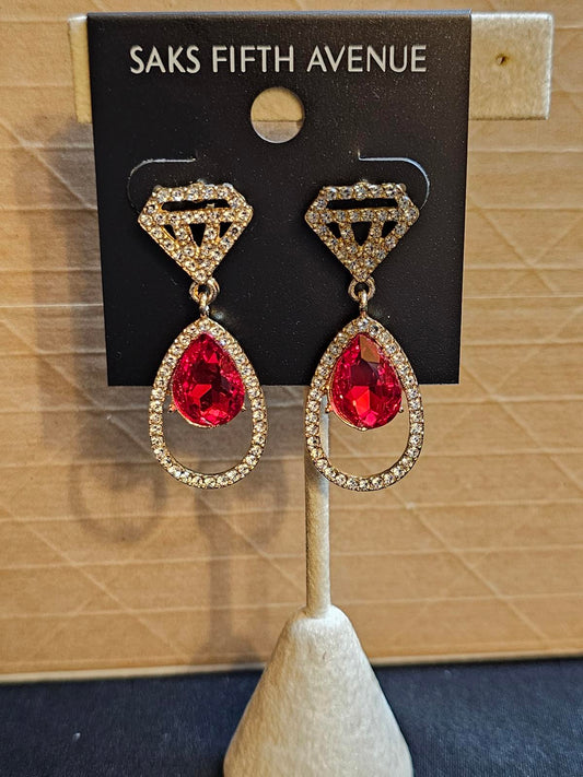 Saks Fifth Avenue Red Teardrop Earrings with Diamond Accents