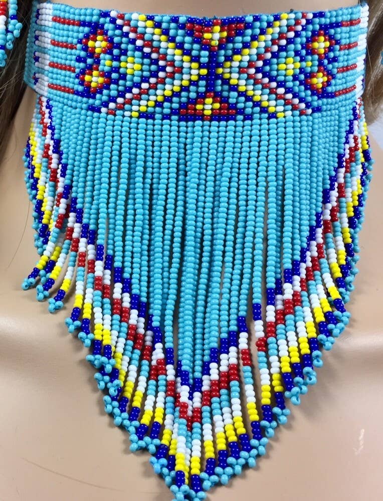 Turquoise Blue Beaded Choker Necklace Earrings Set