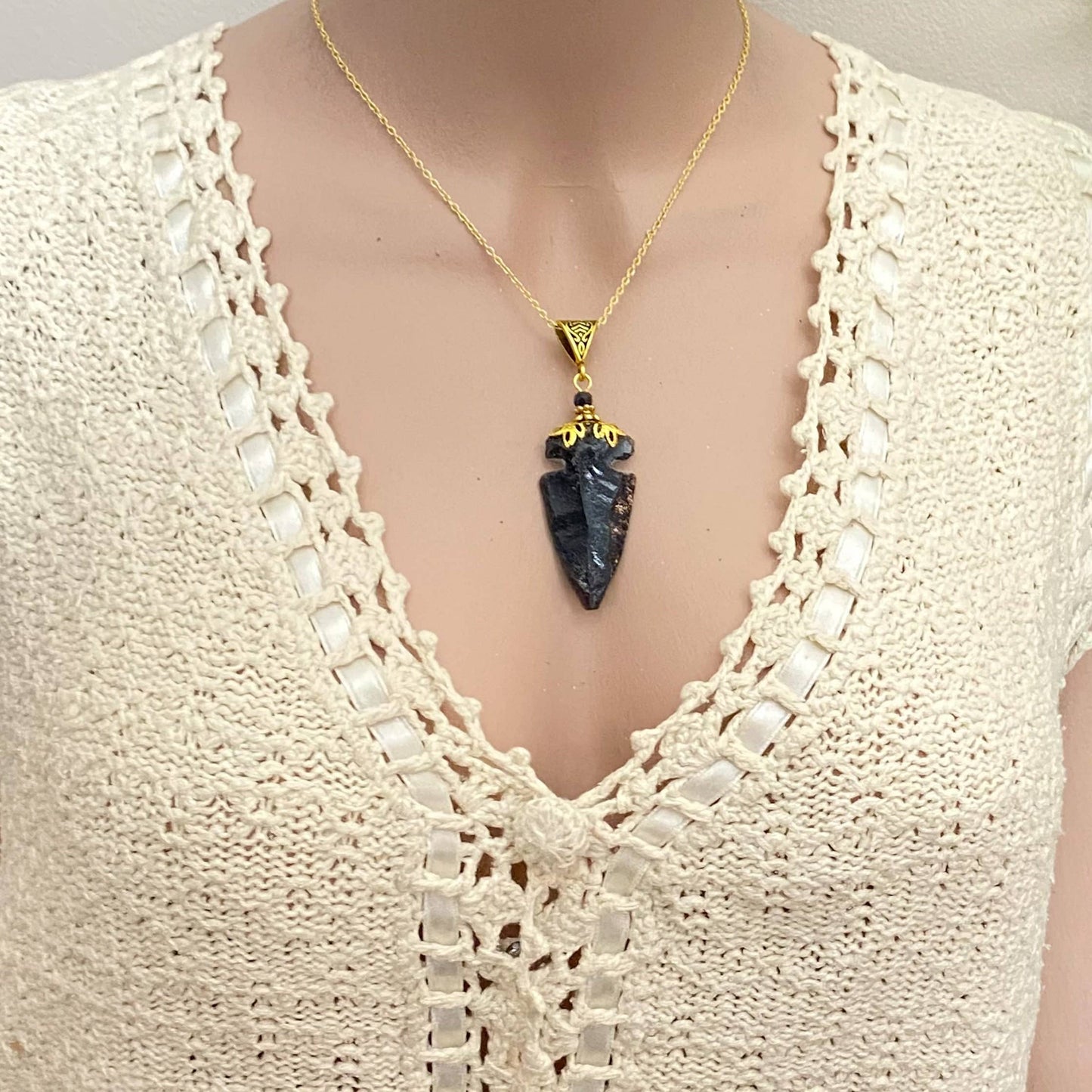 Black Obsidian Arrowhead Necklace, Manifestation, Courage