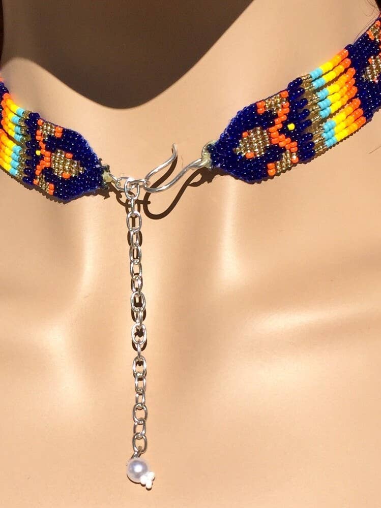 Turtle Beadwork Blue Orange Beaded Lariat Necklace Earrings Set