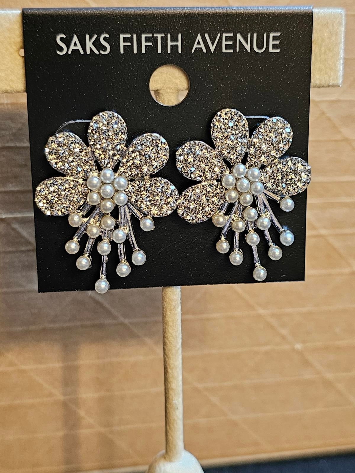 Saks Fifth Avenue Elegant Pearl and Crystal Flower Earrings