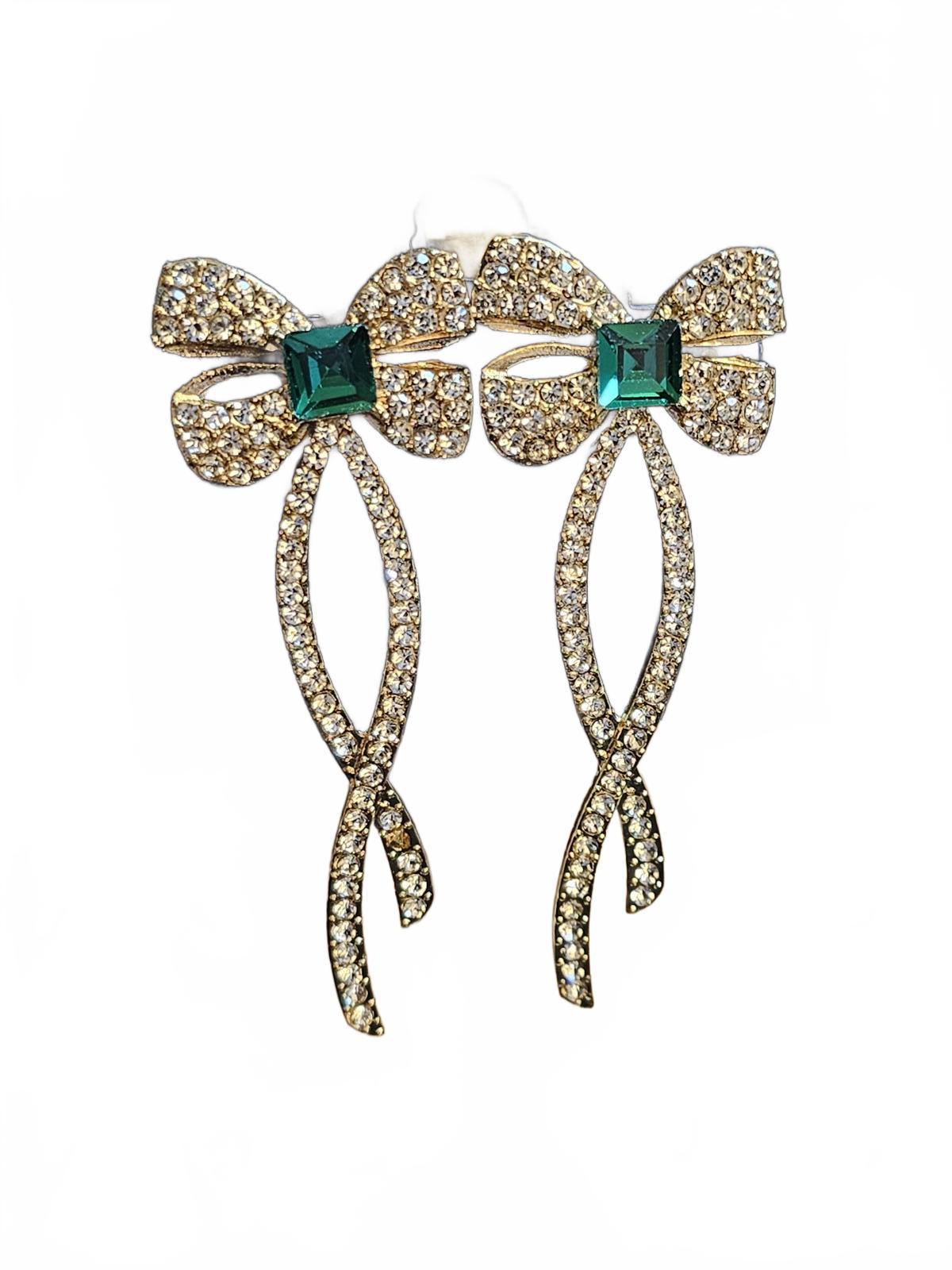Elegant Gold Bow Earrings with Green Stone