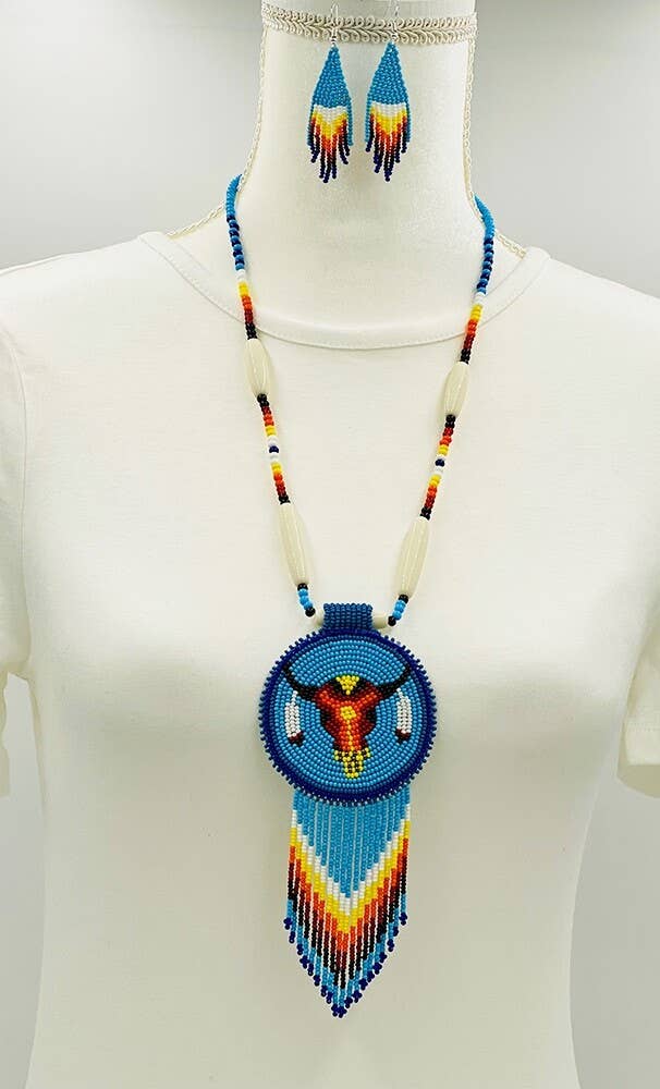 Handmade Turquoise Blue Beaded Bull Skull Medallion Necklace Set
