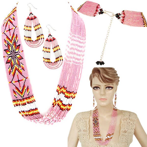 Handmade Beaded Pink Layered Necklace Earrings Set