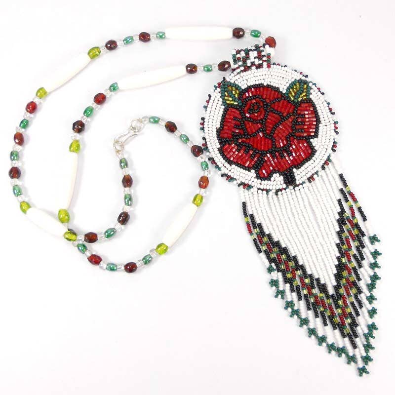 Red Rose Beadwork Long Medallion Handmade Beaded Necklace Earrings Set