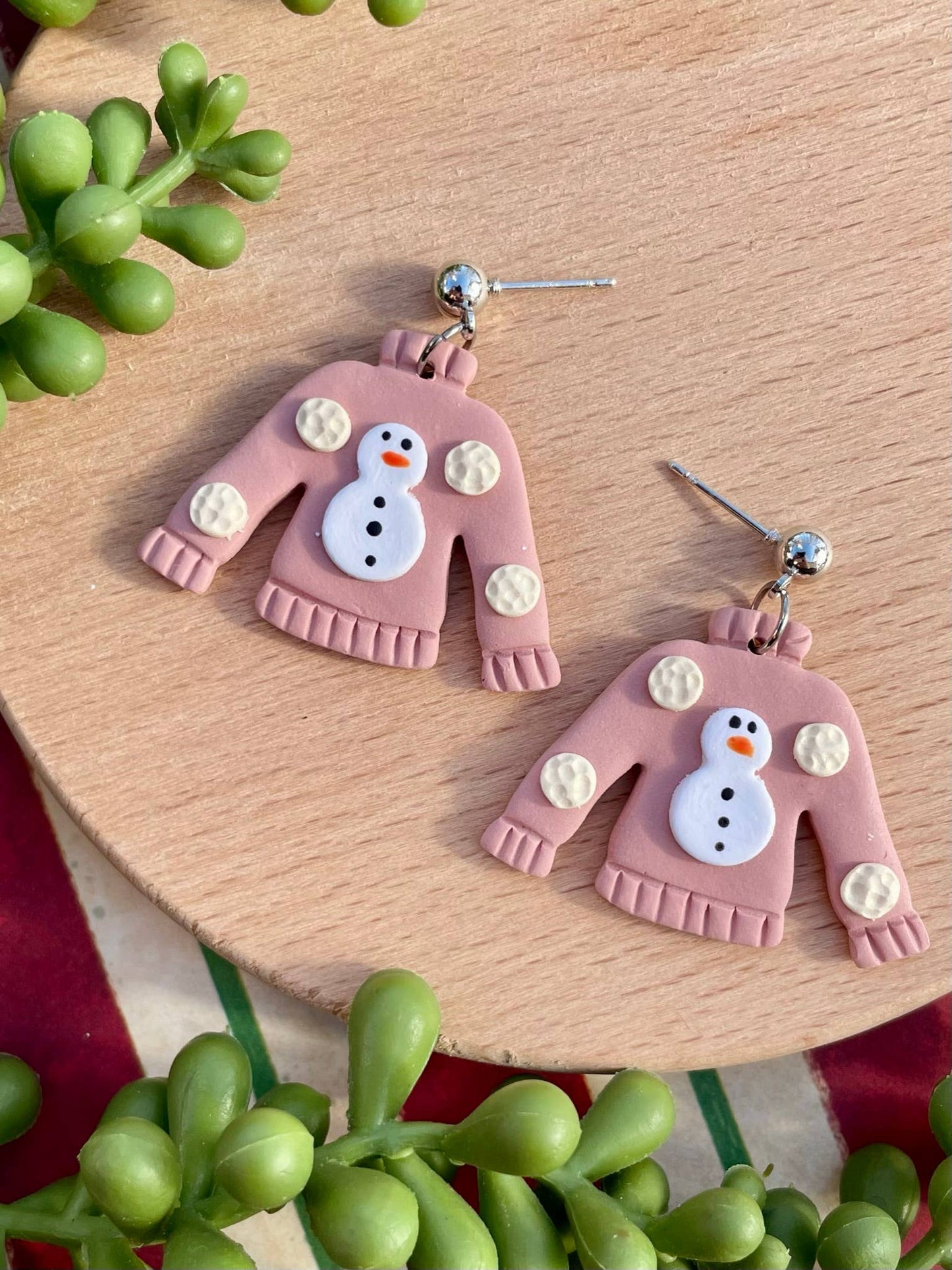 Ugly pink Christmas sweater clay dangle earrings