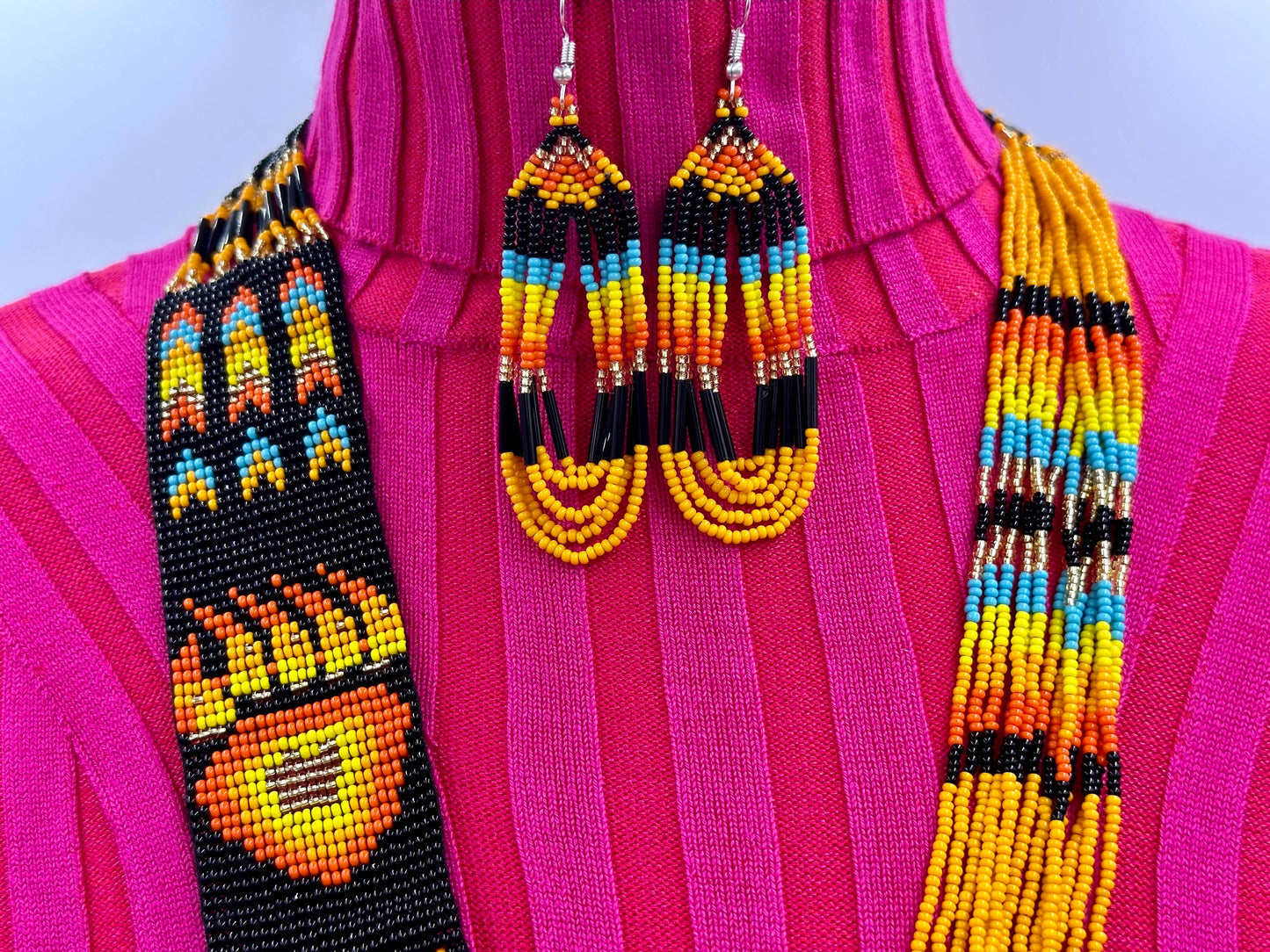 Black Fire Seed Beaded Necklace Earrings Bear Paw Beadwork