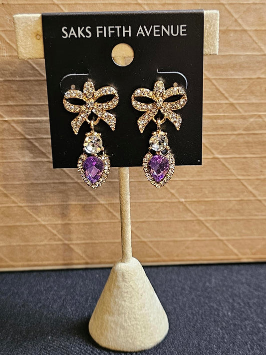 Elegant Saks Fifth Avenue Purple Crystal Bow Earrings