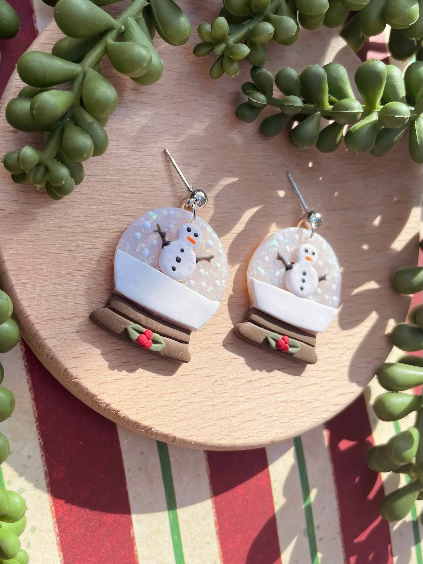 Snowman Christmas snow globe clay dangle earrings