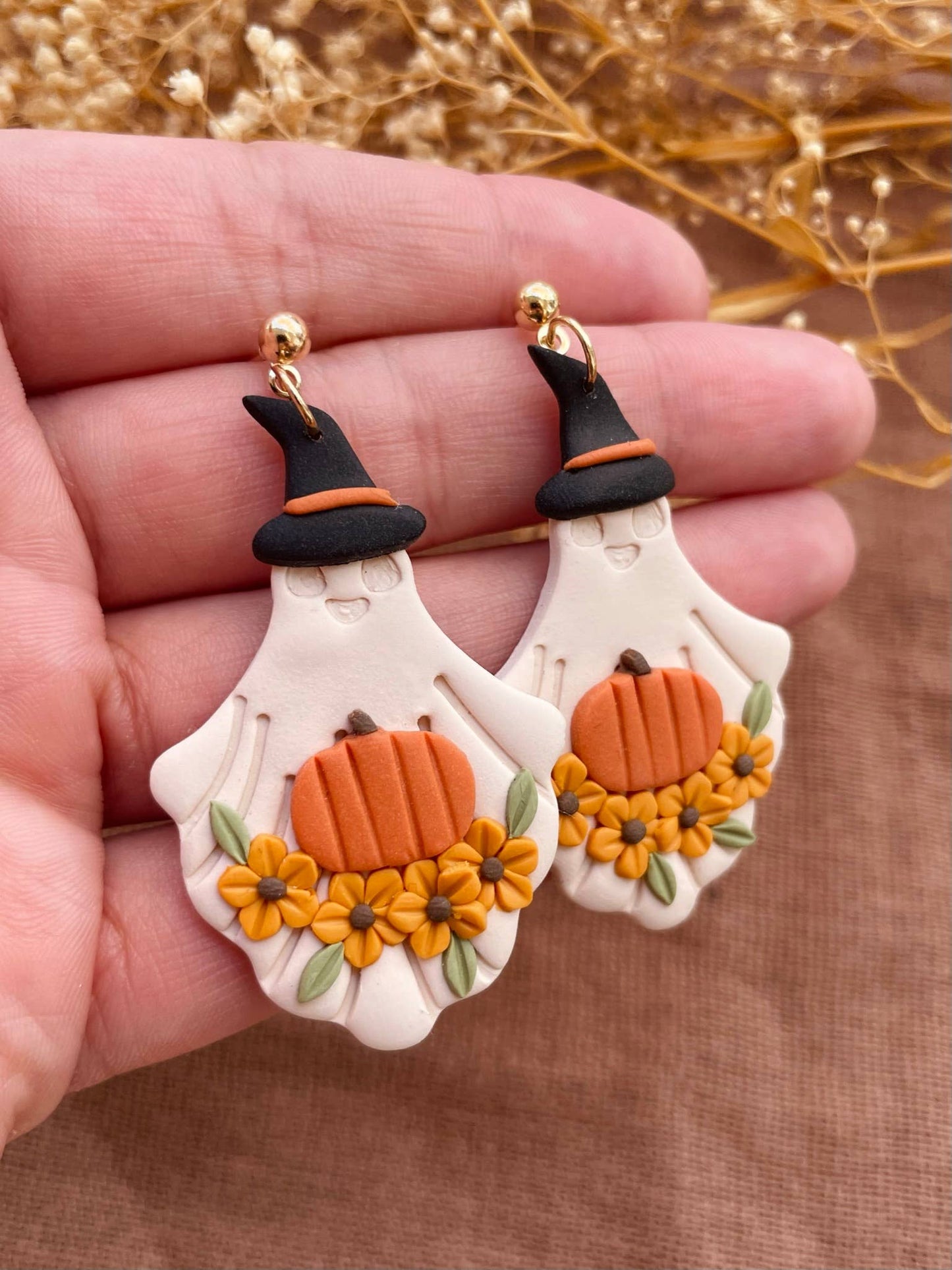 Fall pumpkin ghost clay dangle earrings