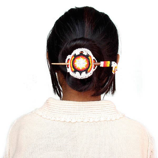 Beaded Barrette Wood Stick Slide Thunderbird Rosettes Beadwork