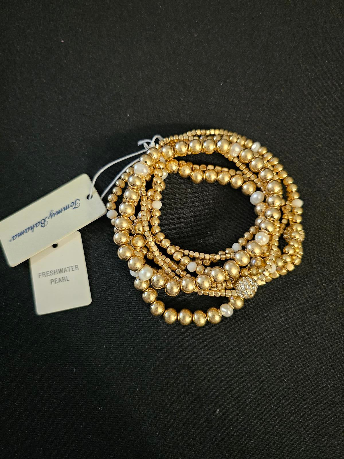Elegant Tommy Bahama Gold and Pearl Stretch Bracelet Set