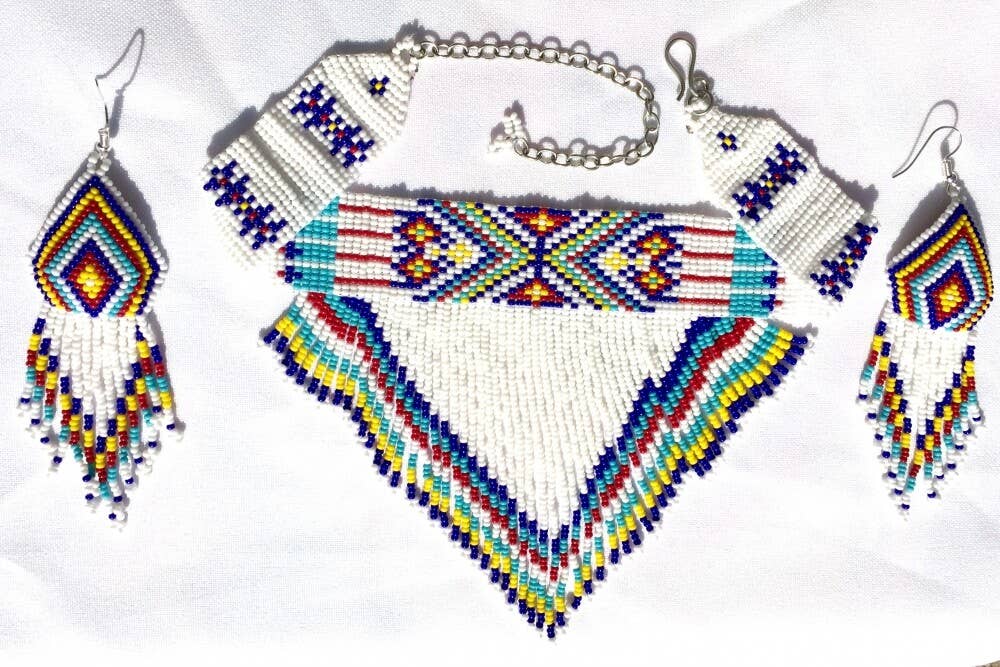 Handmade Beaded White Necklace Earrings Set