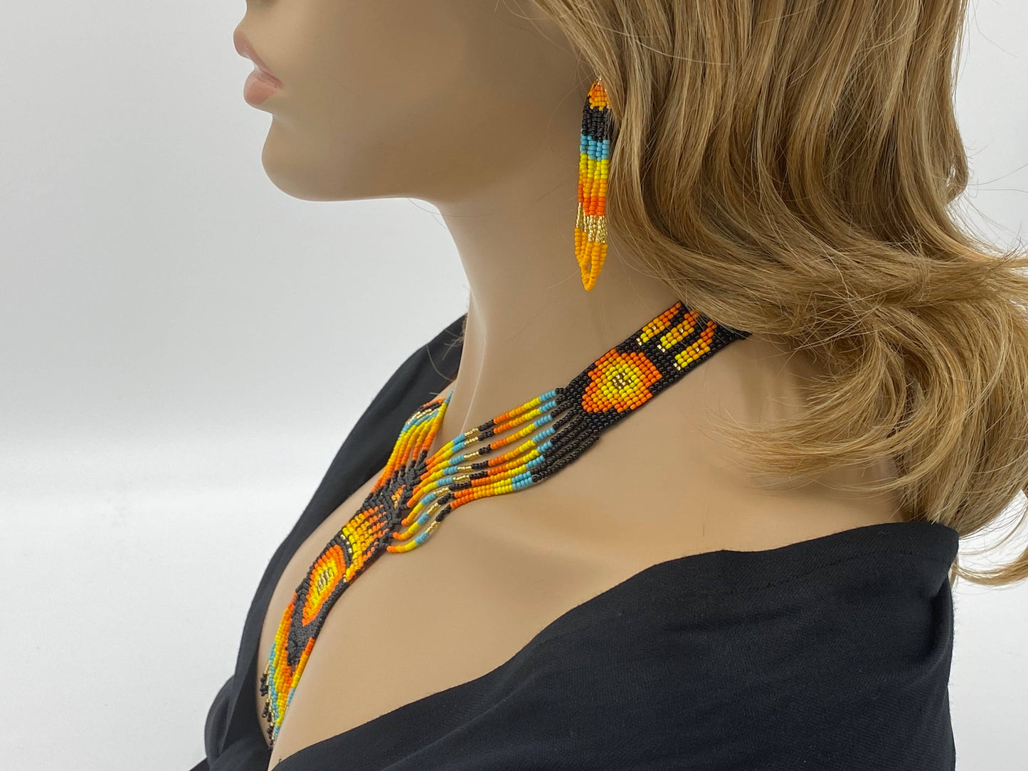 Handmade Orange Black Beaded Bear Paw Necklace Earrings Set