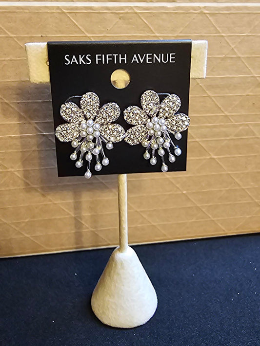 Saks Fifth Avenue Elegant Pearl and Crystal Flower Earrings