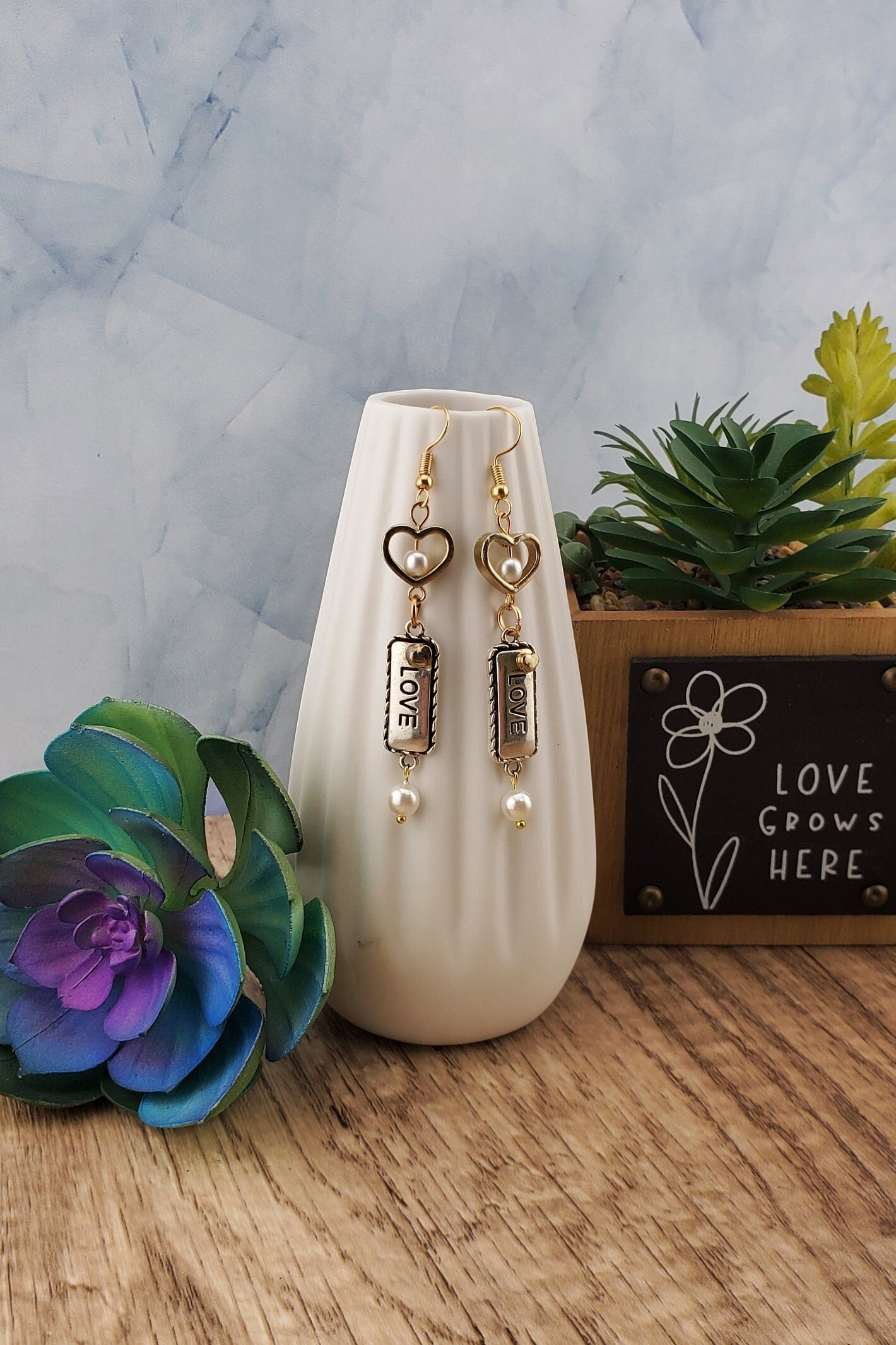 Love Earrings, Gold Plated Earring Wire