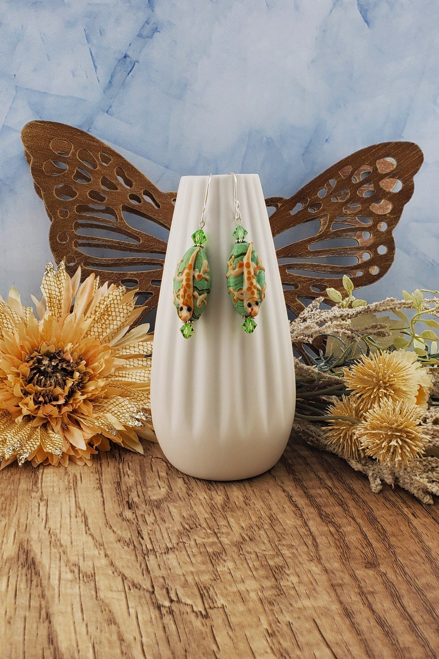 Gecko Glamour Artisan Glass Earrings, Silver Filled Earring Wire