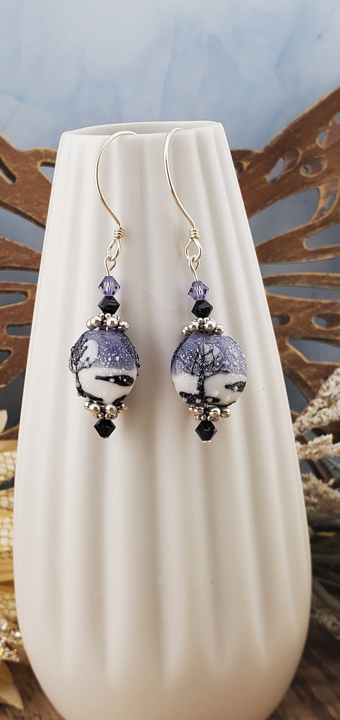 Winters Embrace Artisan Glass Earrings, Sterling Silver Earring Wire
