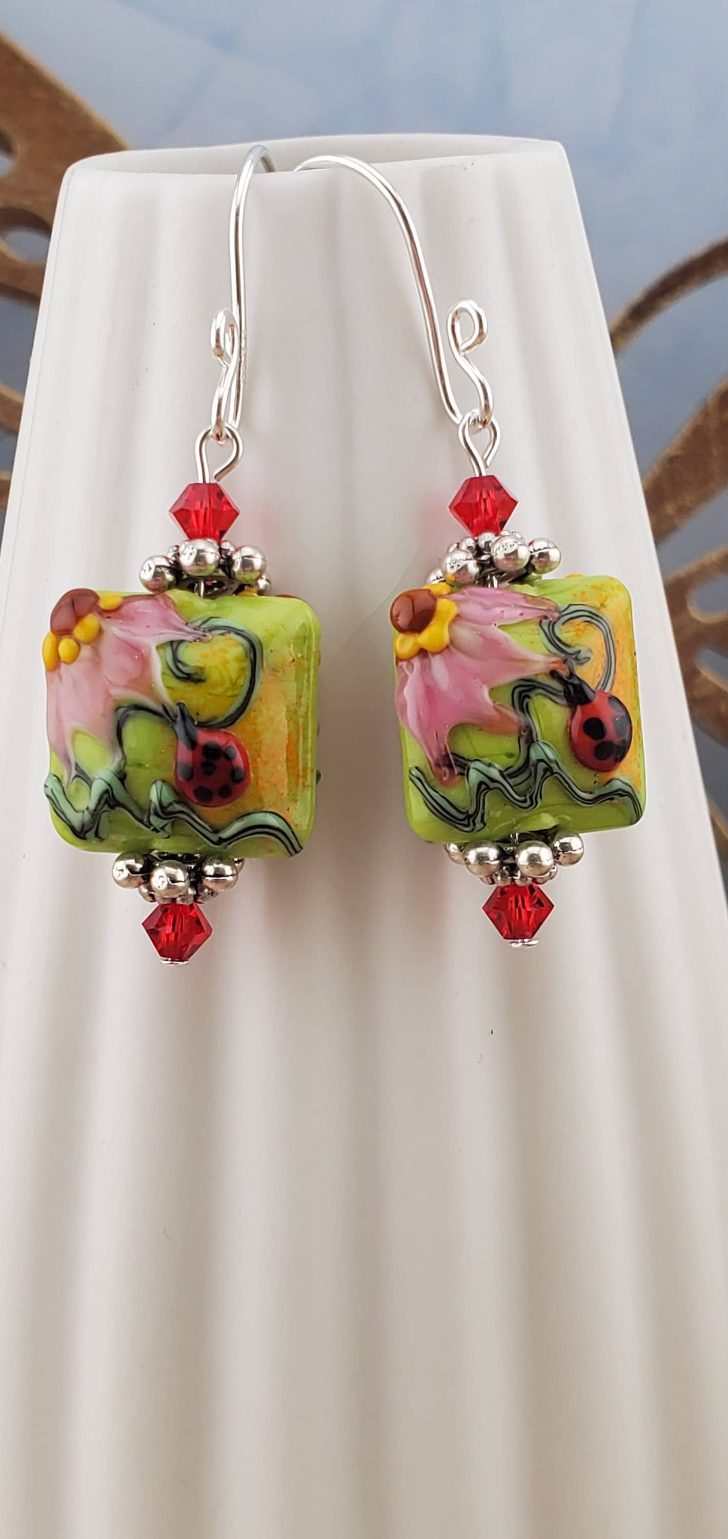 Ladybug Blossoms Artisan Glass Earrings, Lampwork Glass Bead handcrafted by a talented artisan, Silver Filled Earring Wire