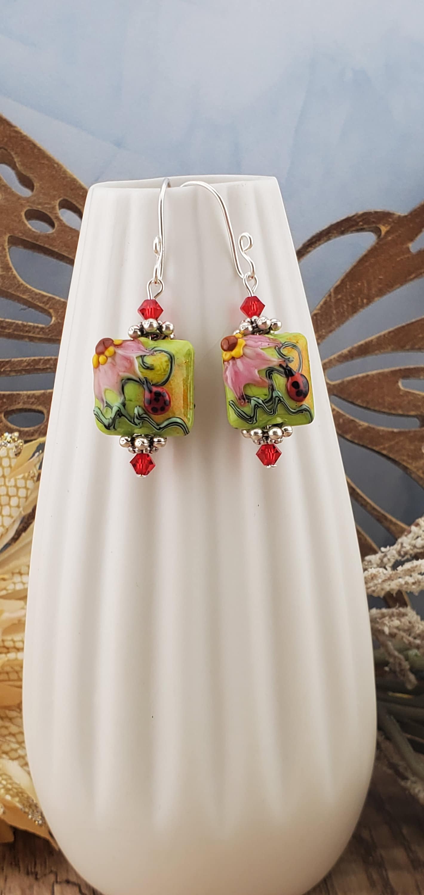 Ladybug Blossoms Artisan Glass Earrings, Lampwork Glass Bead handcrafted by a talented artisan, Silver Filled Earring Wire
