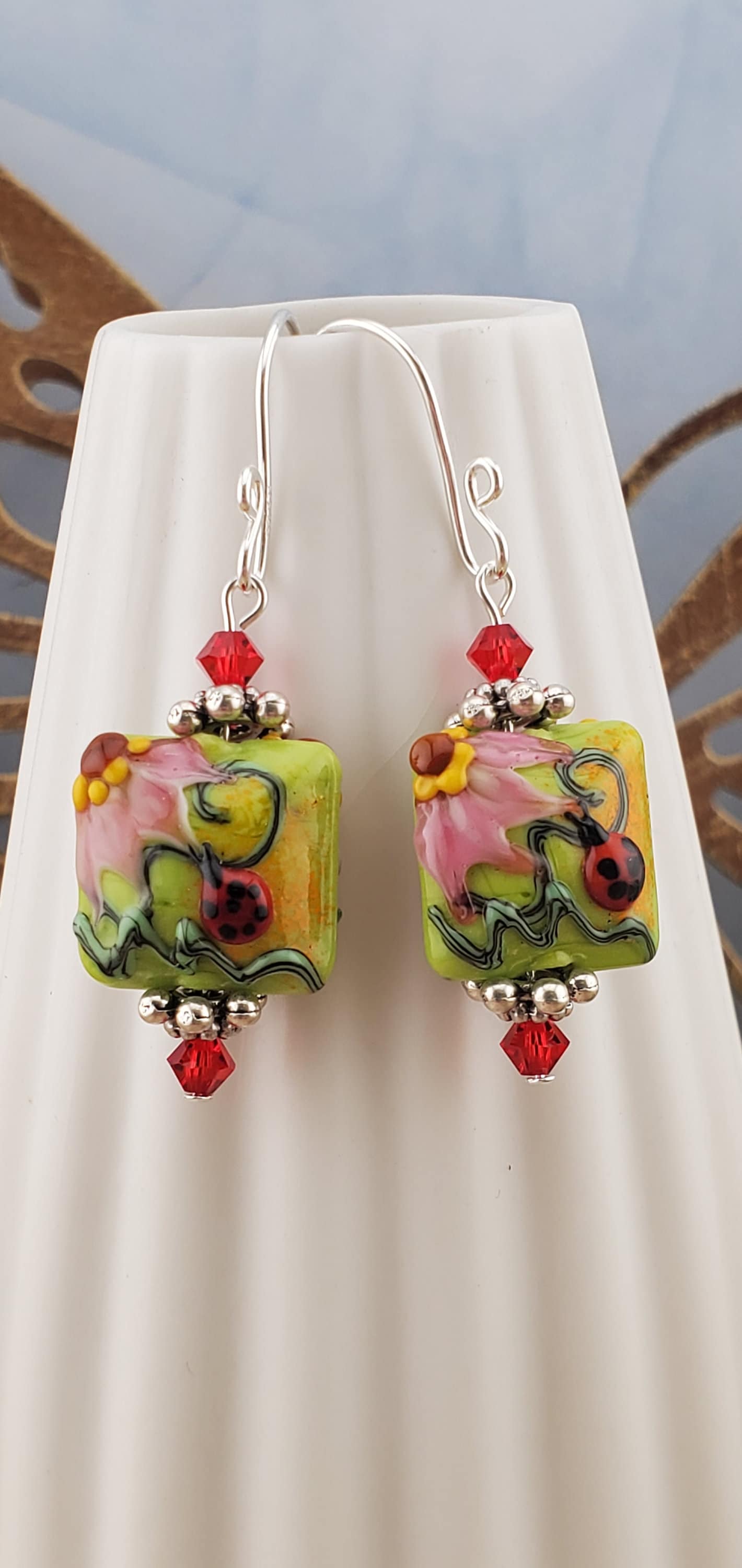 Ladybug Blossoms Artisan Glass Earrings, Lampwork Glass Bead handcrafted by a talented artisan, Silver Filled Earring Wire