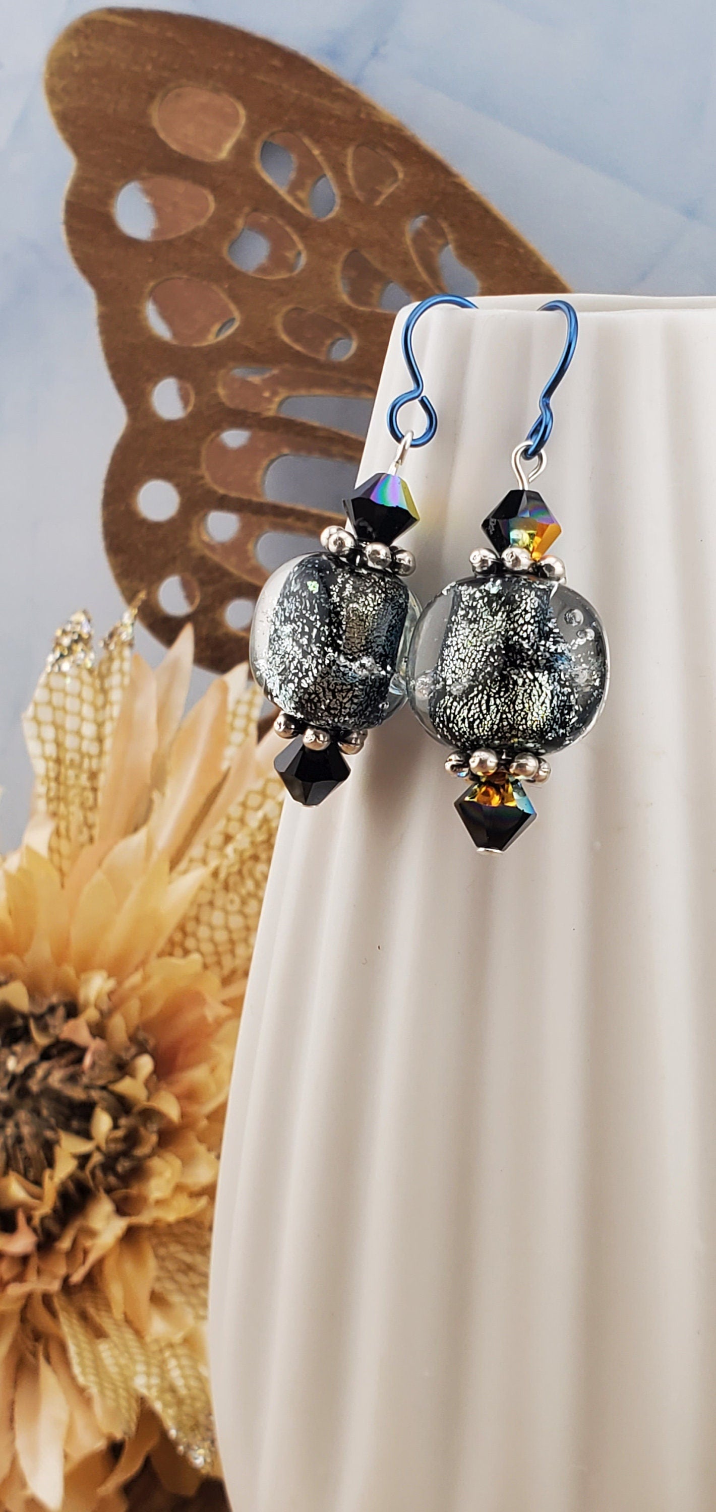 Mystical Wonders Artisan Glass Earrings, Lampwork Glass Bead by a talented artisan, Niobium Earring Wire