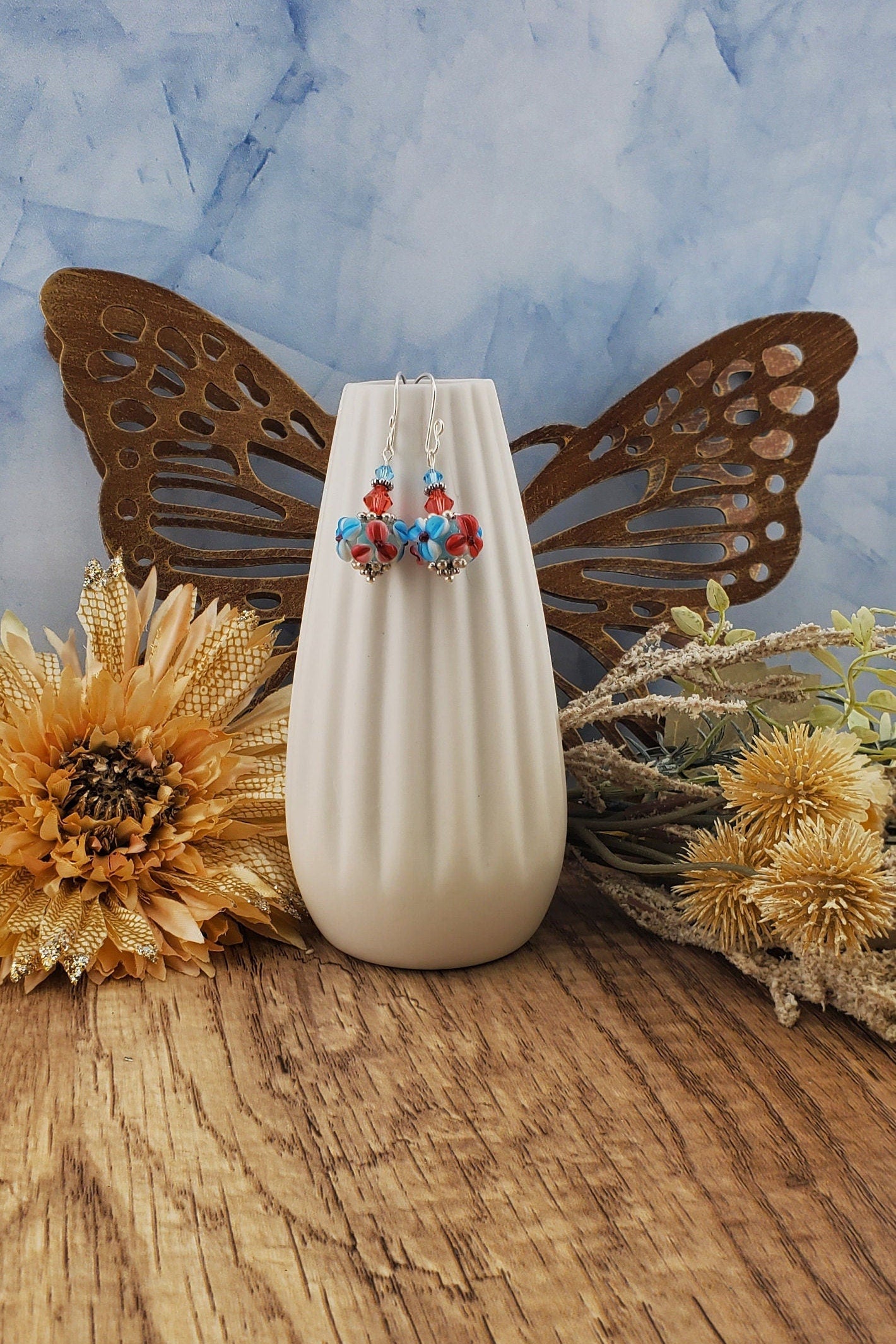 Wildflower Whimsy Artisan Glass Earrings, Lampwork Glass Bead by a talented artisan, Silver Filled Earring Wire