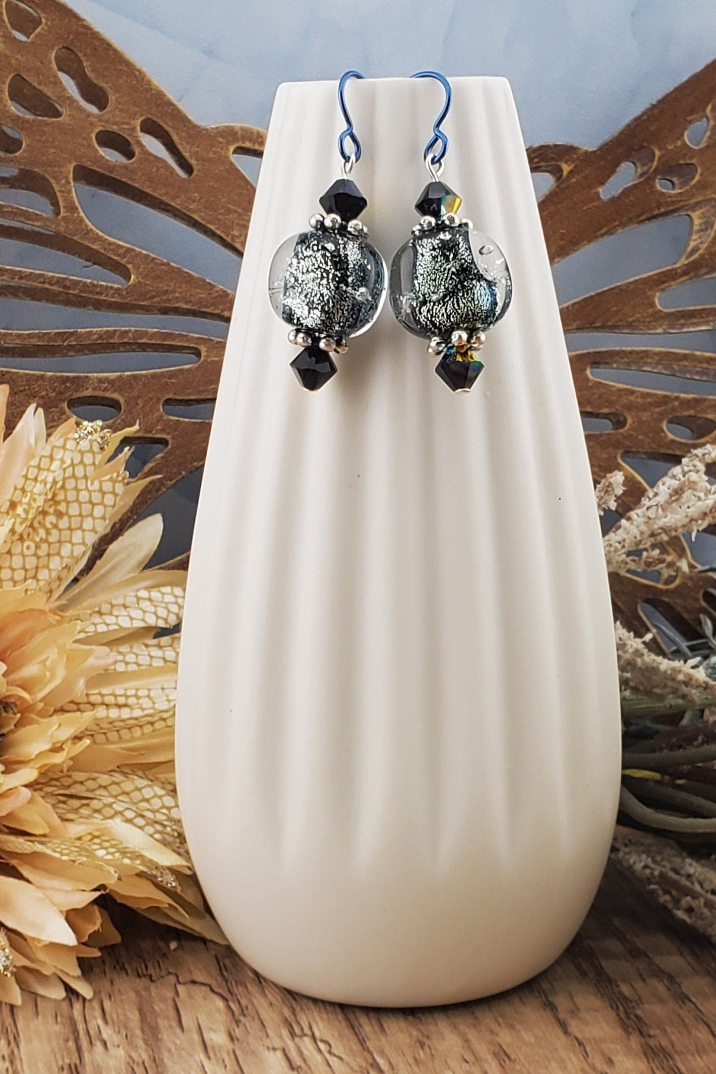 Mystical Wonders Artisan Glass Earrings, Lampwork Glass Bead by a talented artisan, Niobium Earring Wire