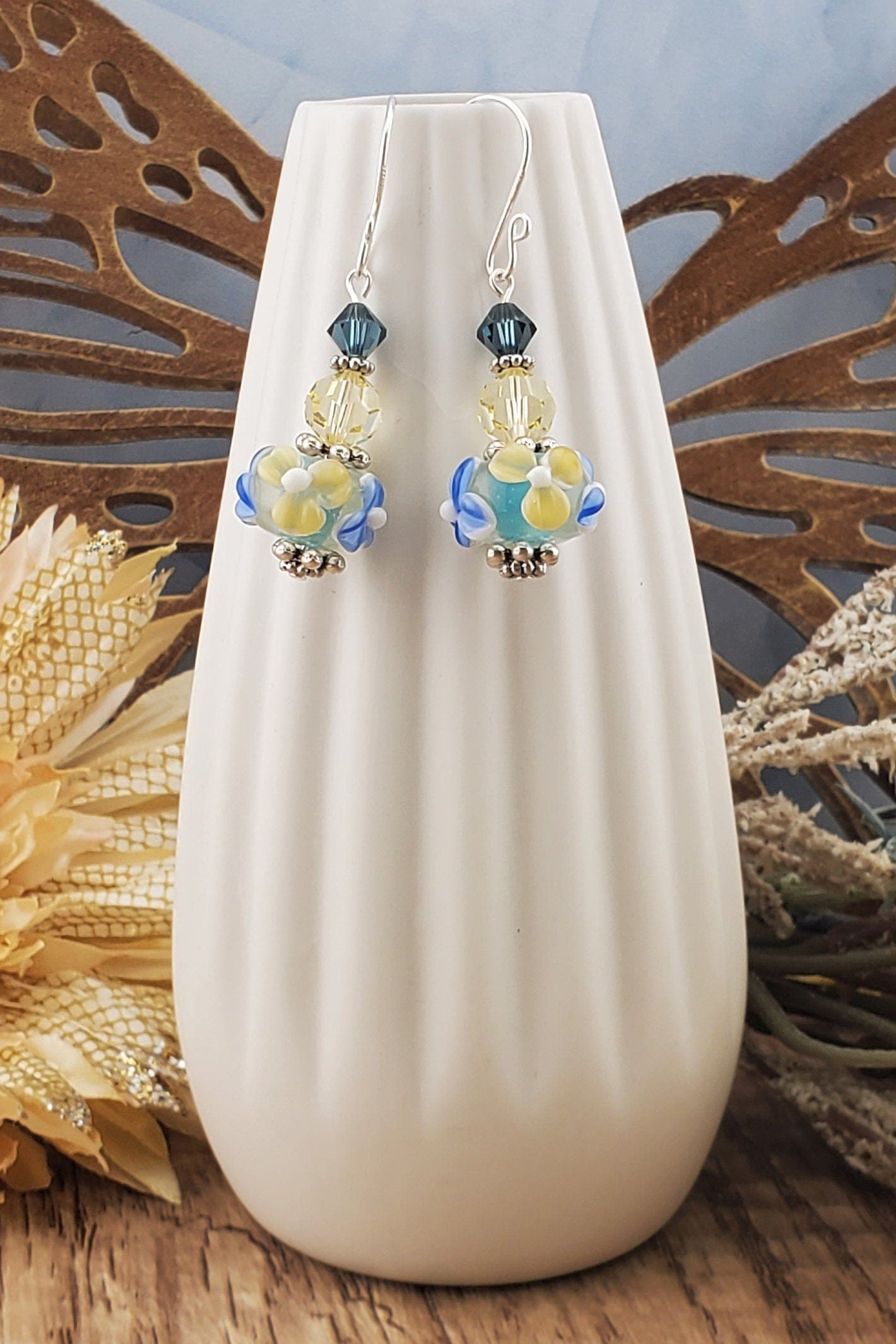 Enchanted Petals Artisan Glass Earrings, Lampwork Glass Bead by a talented artisan, Silver Filled Earring Wire