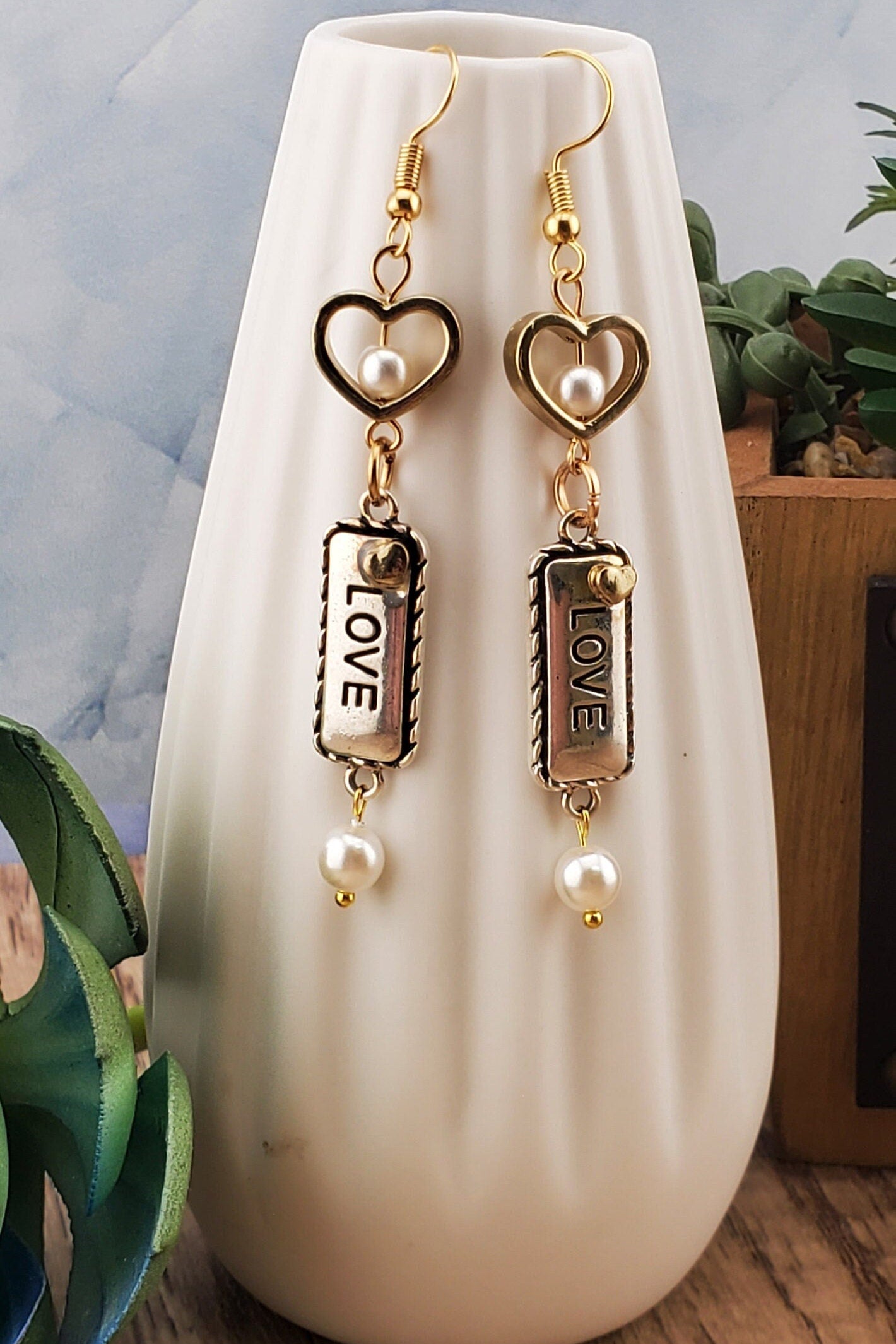 Love Earrings, Gold Plated Earring Wire