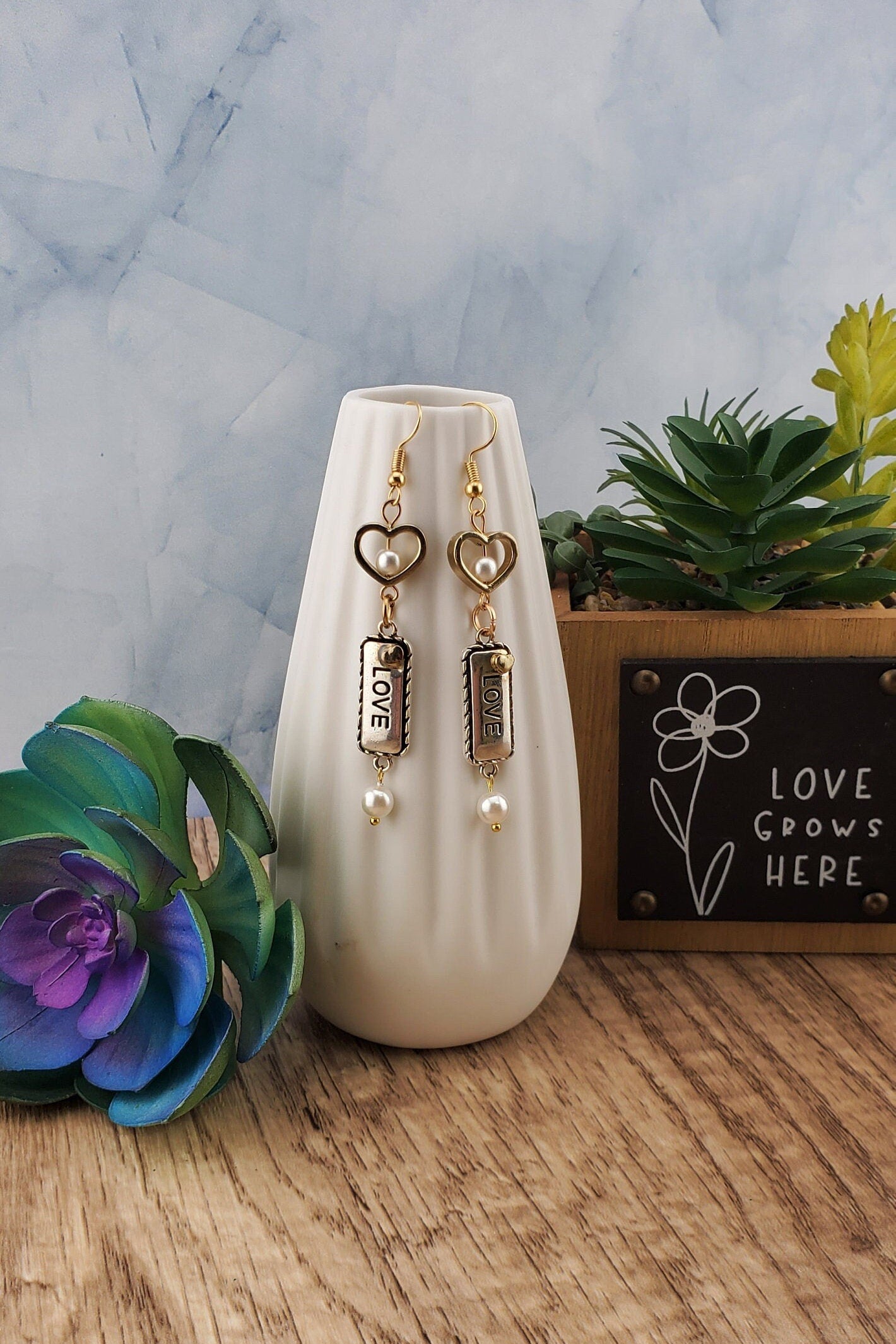 Love Earrings, Gold Plated Earring Wire