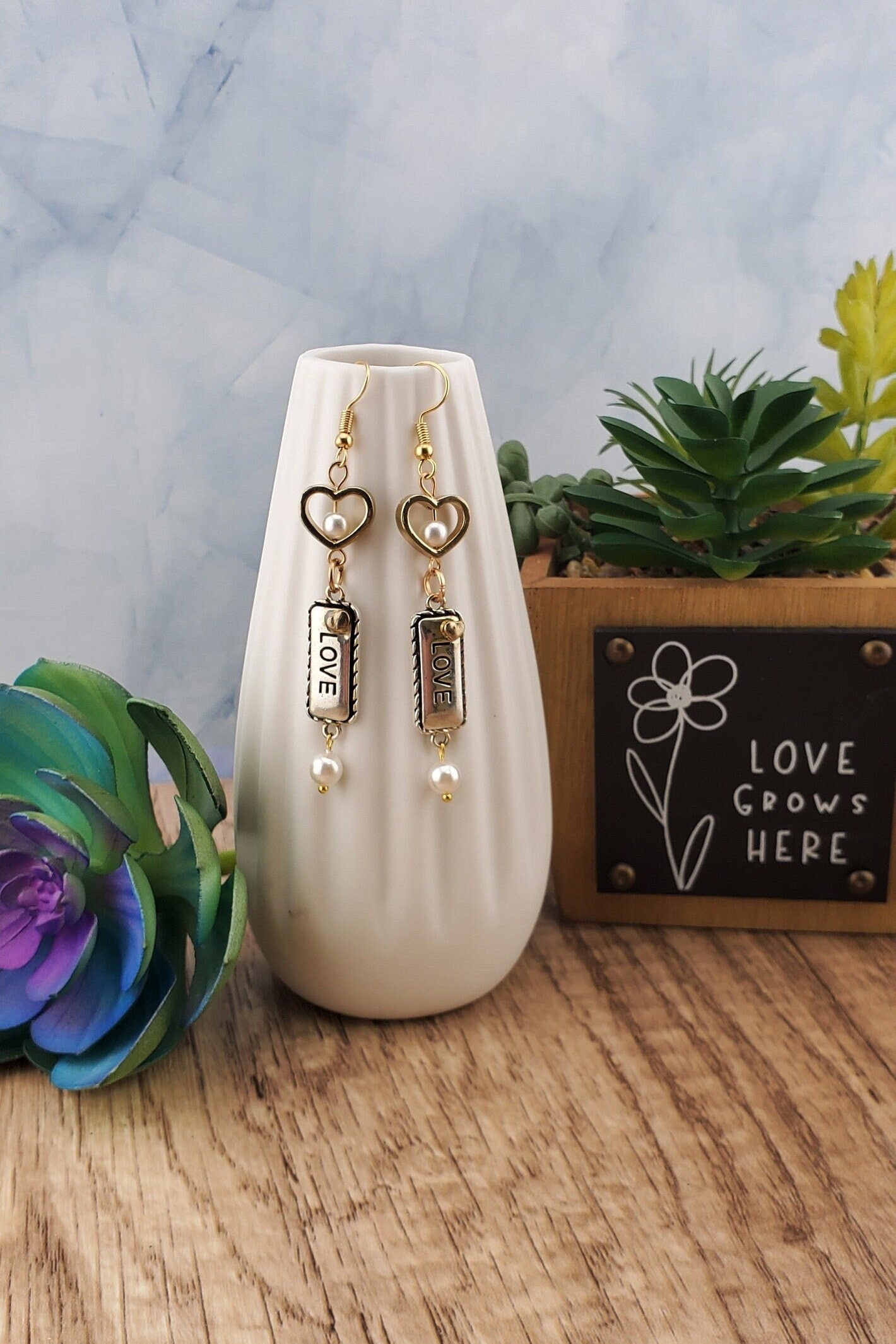 Love Earrings, Gold Plated Earring Wire