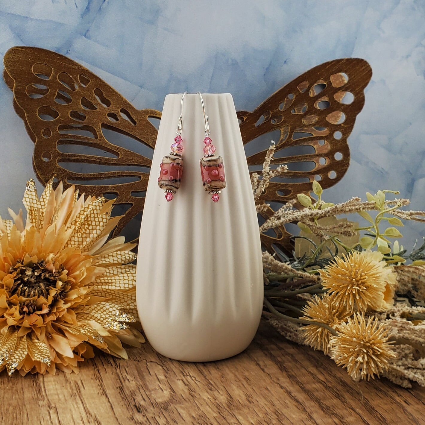 Ivory Rose Artisan Glass Earrings, Lampwork Glass Bead handcrafted by a talented artisan, Silver Filled Earring Wire