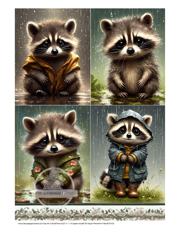 A4 Rainy Raccoon Quad Rice Paper