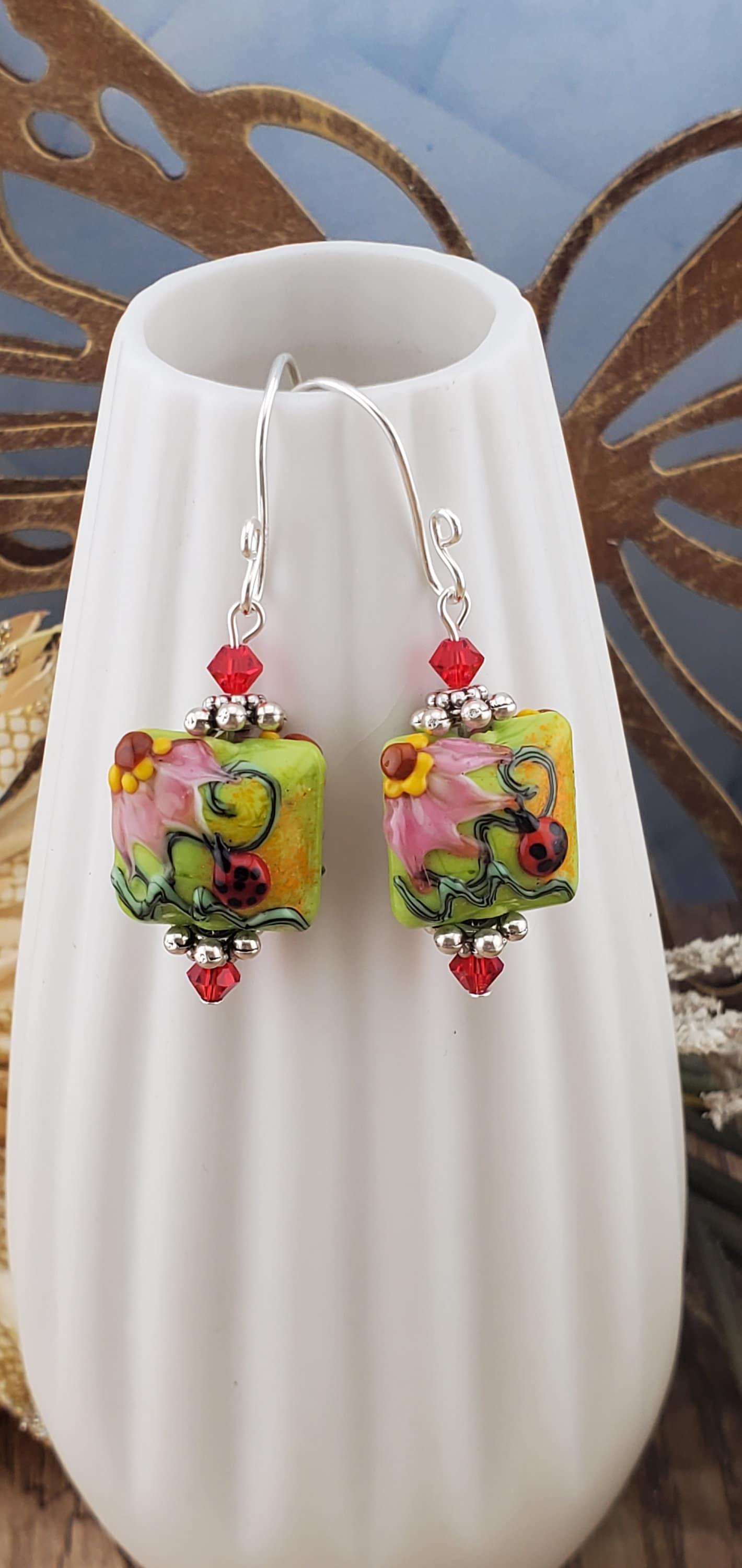Ladybug Blossoms Artisan Glass Earrings, Lampwork Glass Bead handcrafted by a talented artisan, Silver Filled Earring Wire