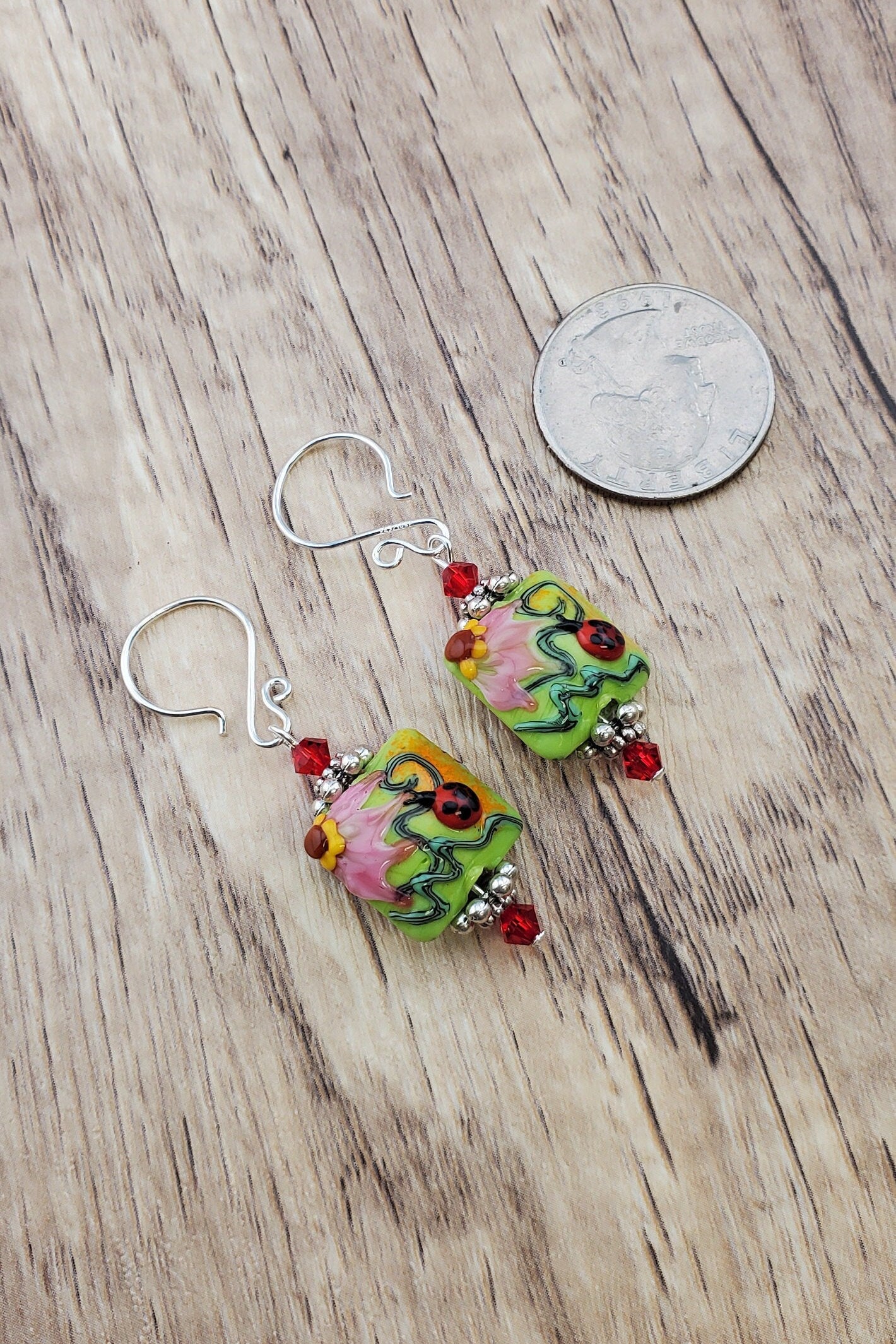 Ladybug Blossoms Artisan Glass Earrings, Lampwork Glass Bead handcrafted by a talented artisan, Silver Filled Earring Wire
