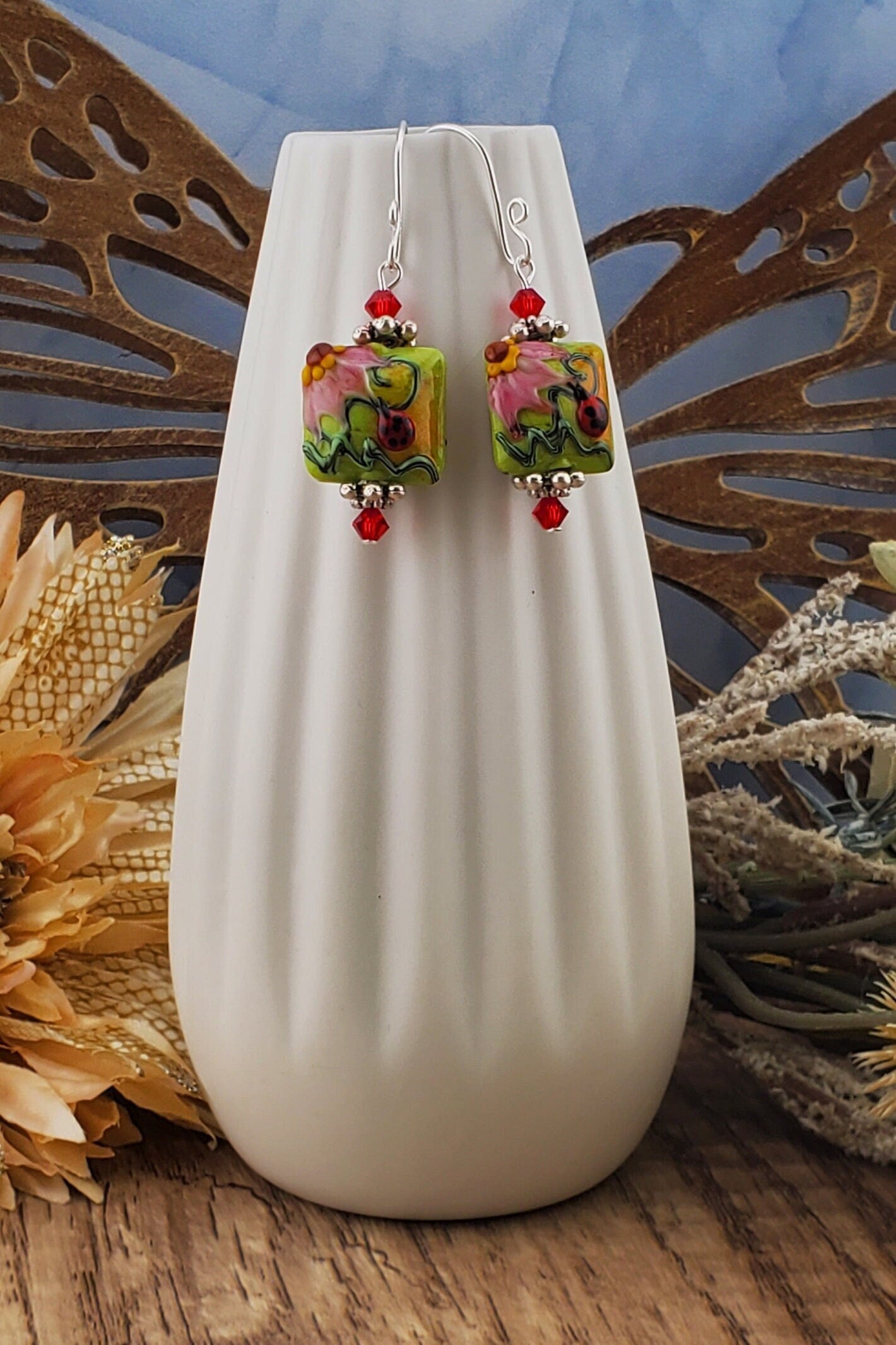 Ladybug Blossoms Artisan Glass Earrings, Lampwork Glass Bead handcrafted by a talented artisan, Silver Filled Earring Wire