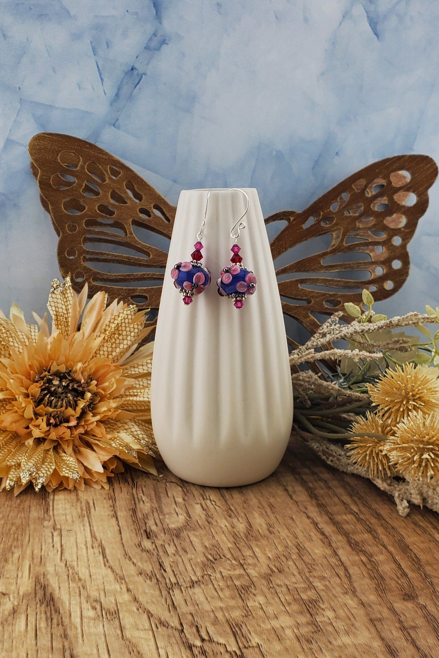Floral Fantasia Artisan Glass Earrings, Lampwork Glass Bead by a talented artisan, Silver Filled Earring Wire