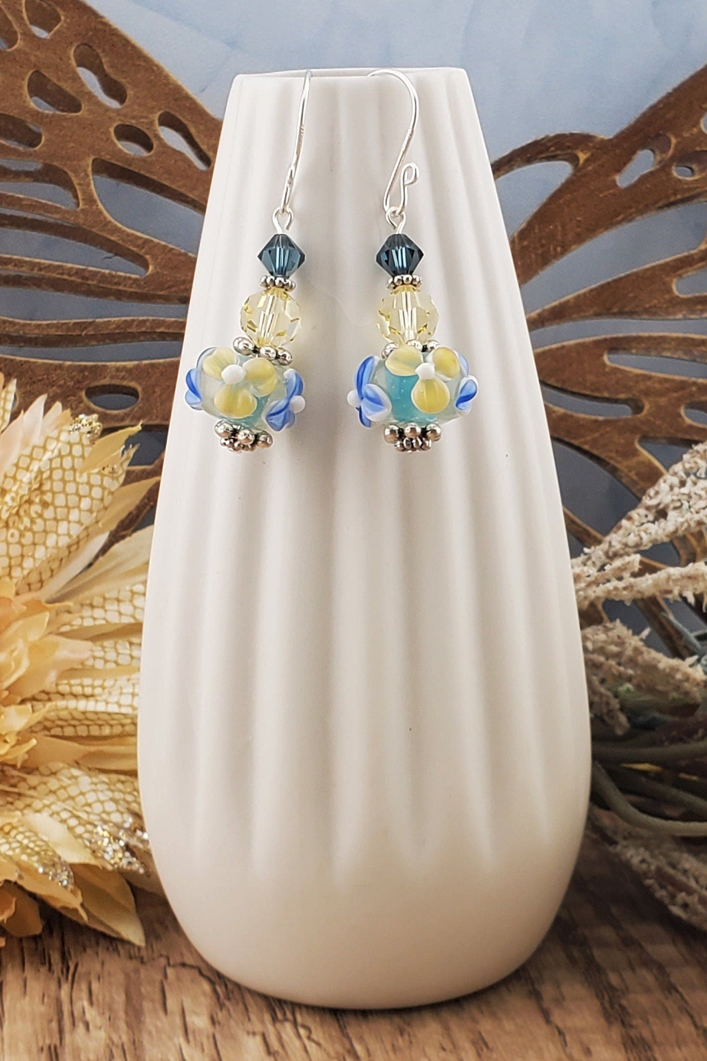 Enchanted Petals Artisan Glass Earrings, Lampwork Glass Bead by a talented artisan, Silver Filled Earring Wire