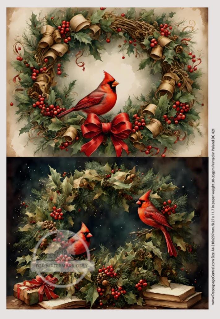 A4 Cardinal Wreath Duo Rice Paper - Christmas