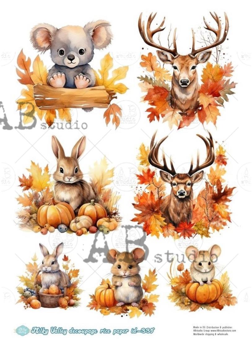 A4 Adorable Fall Animals Rice Paper - Deer, Rabbit, Mouse