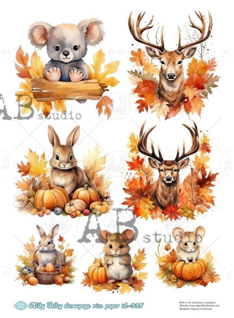 A4 Adorable Fall Animals Rice Paper - Deer, Rabbit, Mouse