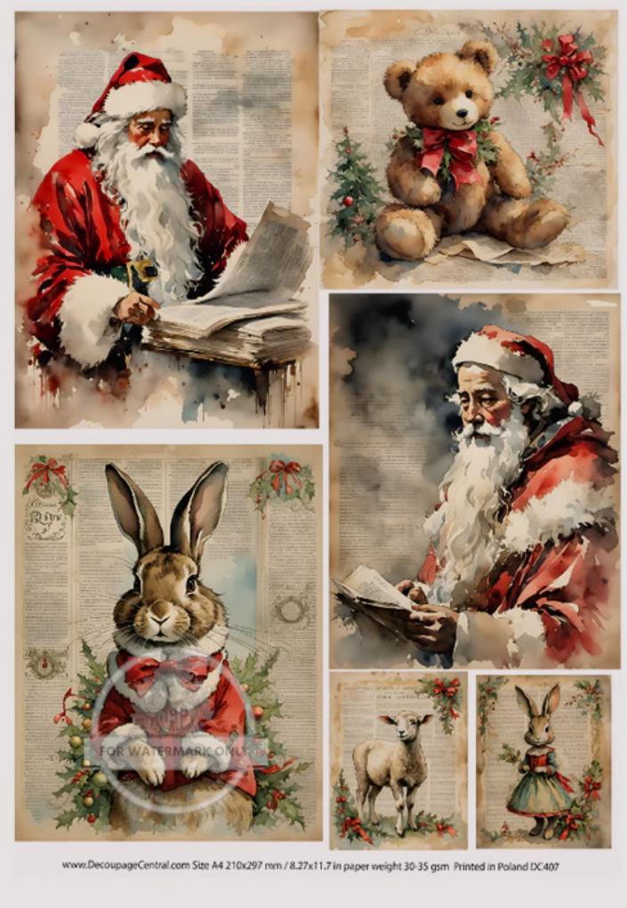A4 Vintage Christmas Collection Rice Paper - Santa, Bunnies, Holidays
