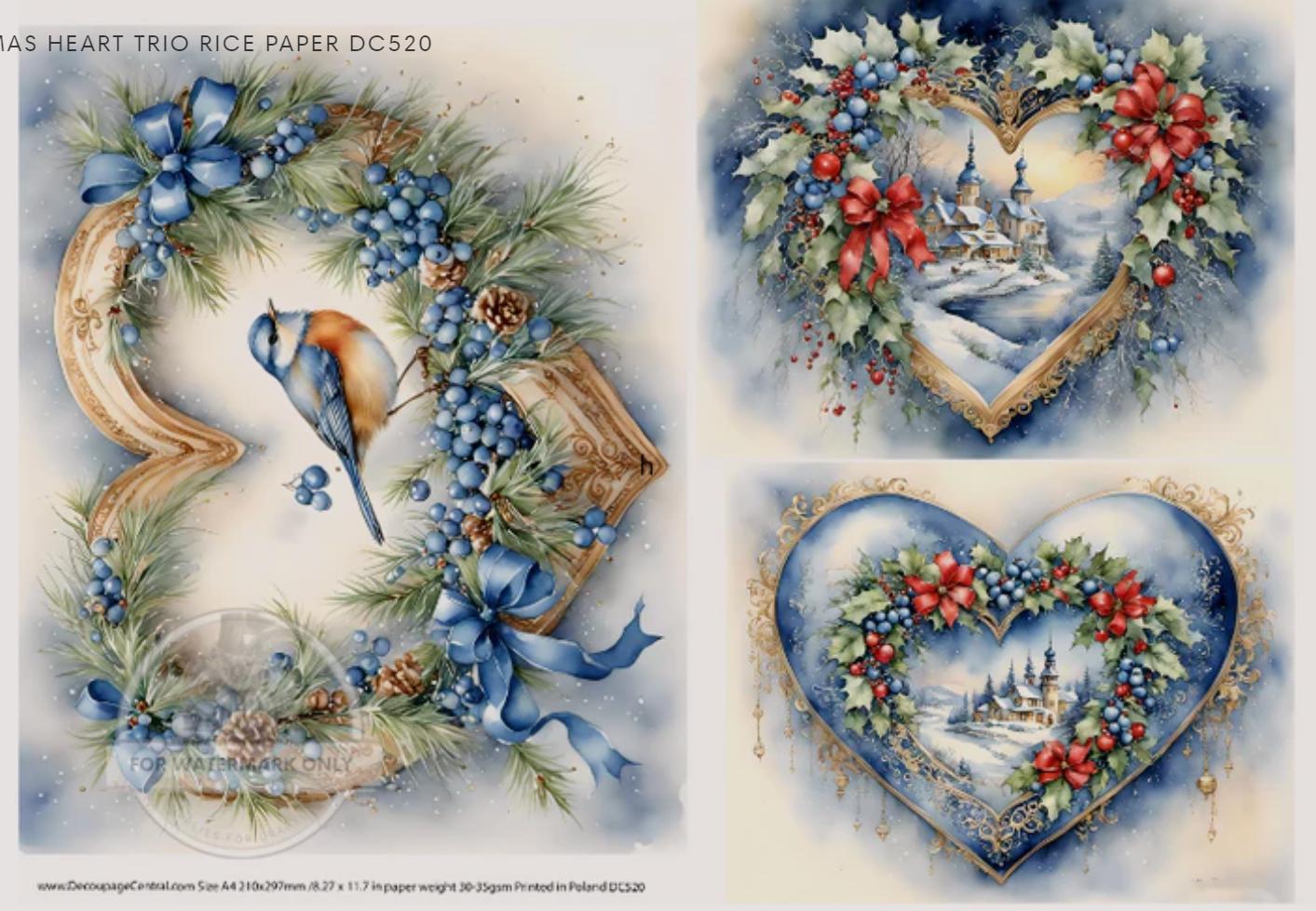 A4 Blue Christmas Heart Trio Rice Paper - Christmas