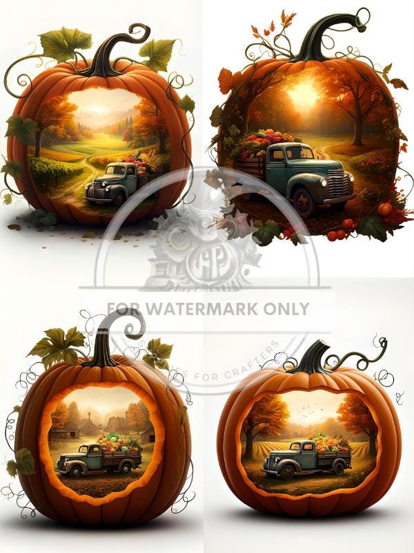 A4 Pumpkin Truck Quad Rice Paper - Fall, Autumn