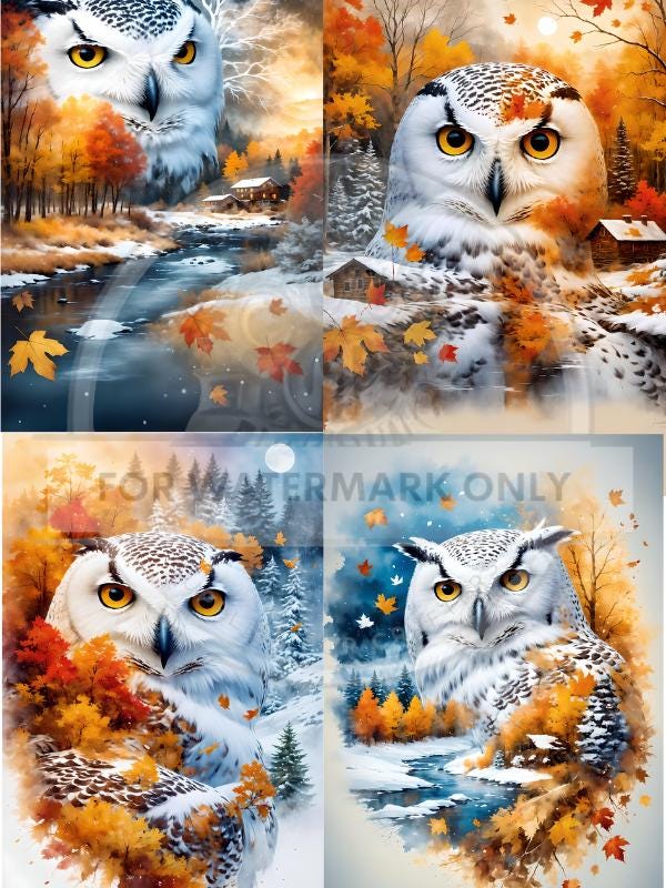 A4 Snowy Owl Seasons Quad Rice Paper