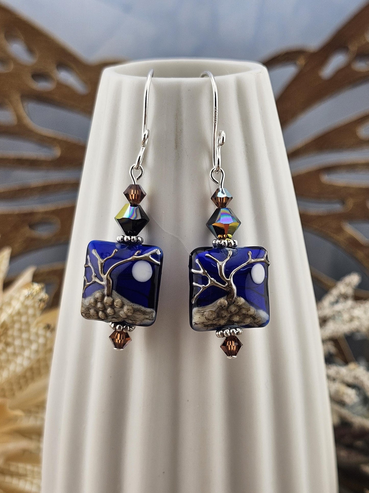 SF Ghostwood Moonrise Artisan Glass Earrings, Lampwork Glass Bead handcrafted by a talented artisan, Silver Filled Earring Wire