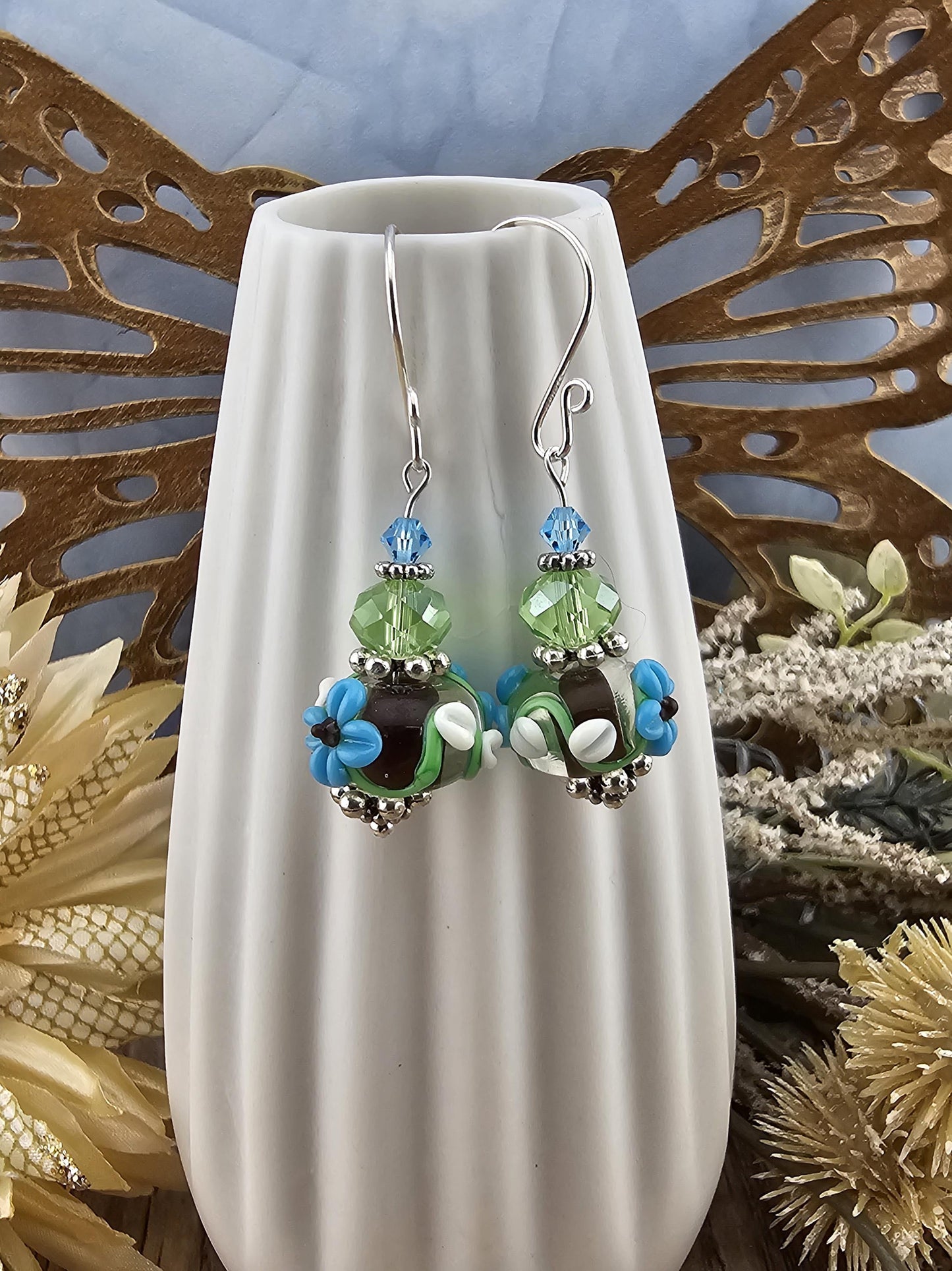 SF Earthy Elegance Artisan Glass Earrings, Lampwork Glass Bead by a talented artisan, Silver Filled Earring Wire