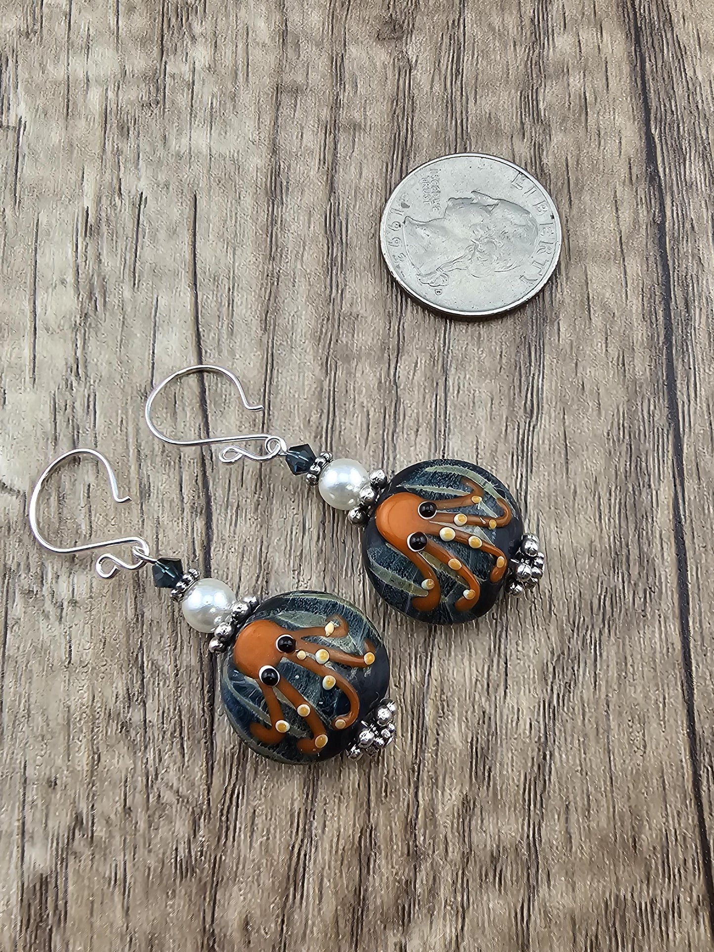 SF Twilight Tentacles Artisan Glass Earrings, Lampwork Glass Bead by a talented artisan, Silver Filled Earring Wire